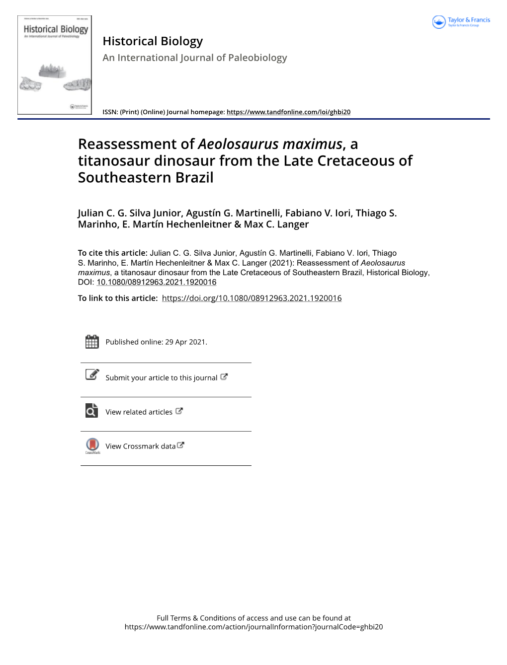 Reassessment of Aeolosaurus Maximus, a Titanosaur Dinosaur from the Late Cretaceous of Southeastern Brazil