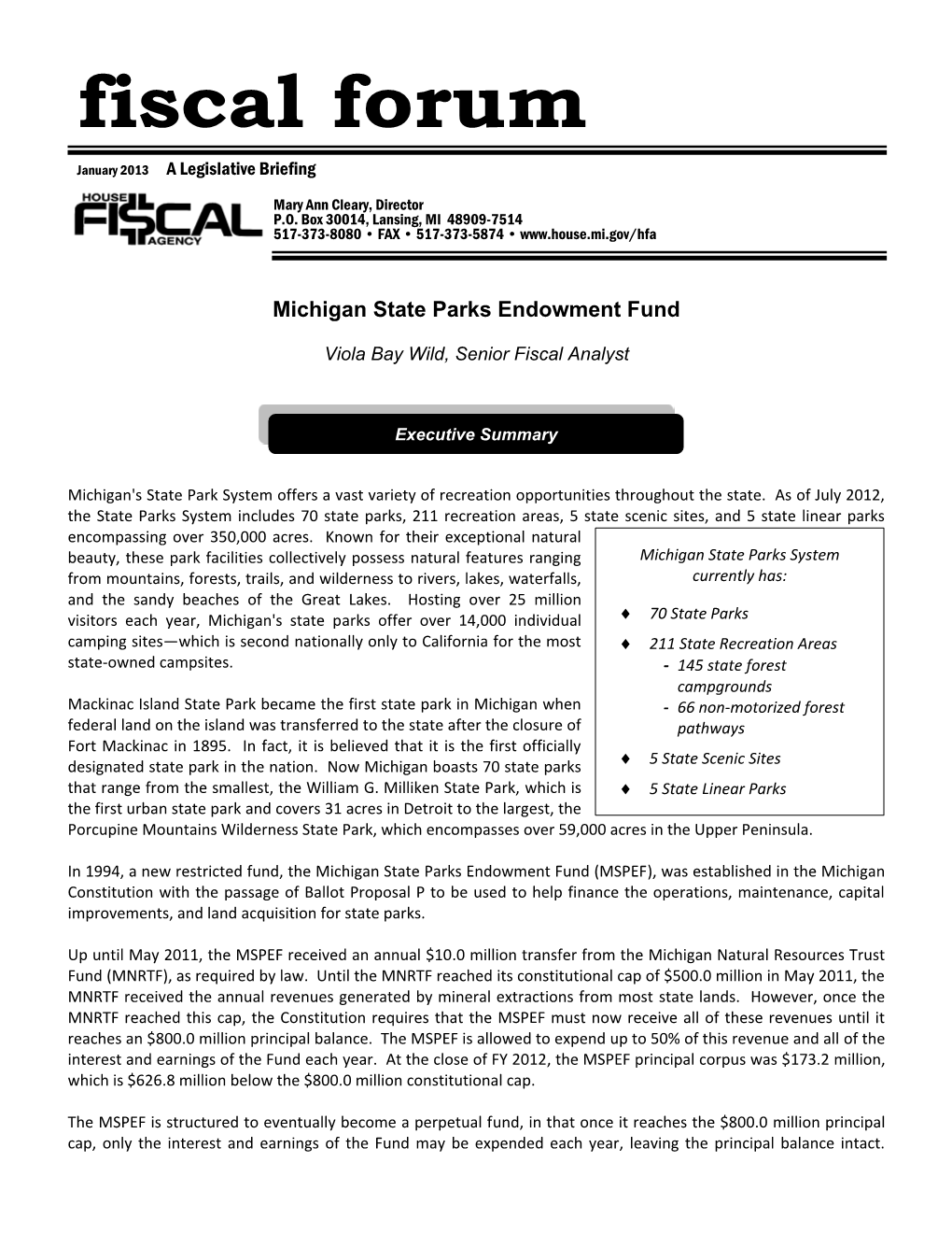 Fiscal Forum: Michigan State Parks Endowment Fund