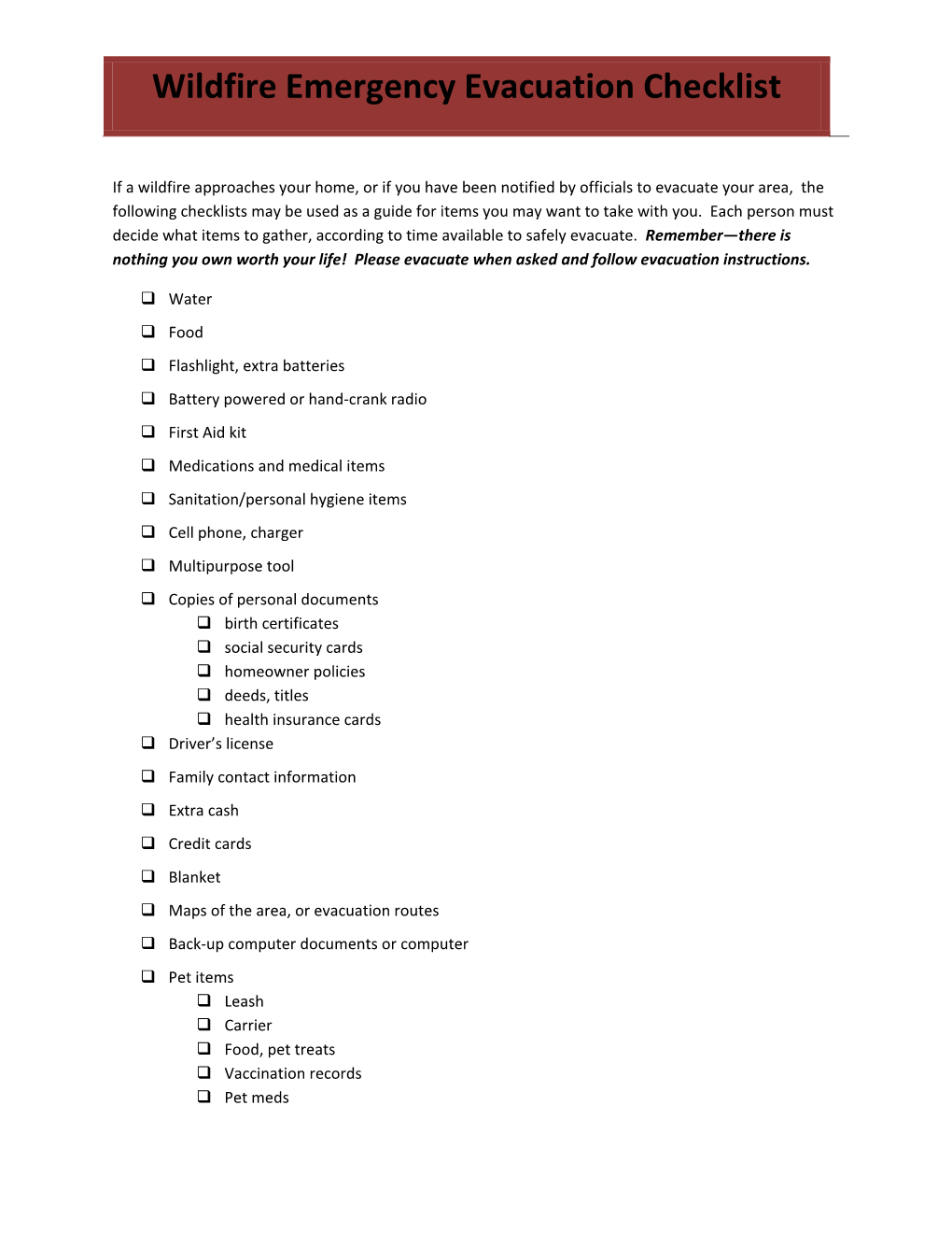 Wildfire Emergency Evacuation Checklist