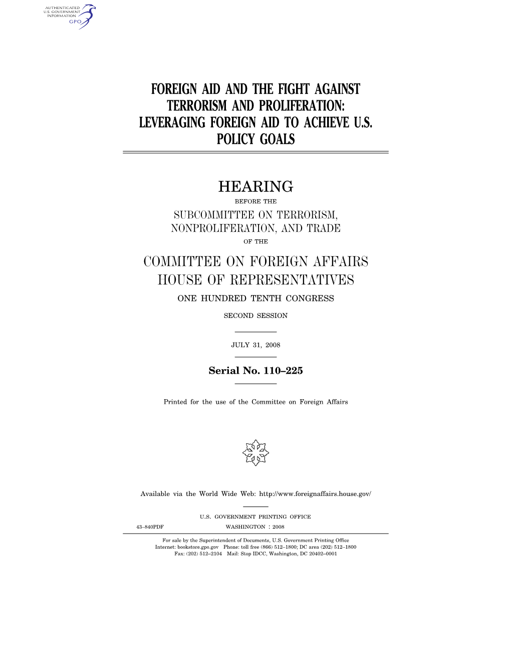 Foreign Aid and the Fight Against Terrorism and Proliferation: Leveraging Foreign Aid to Achieve U.S