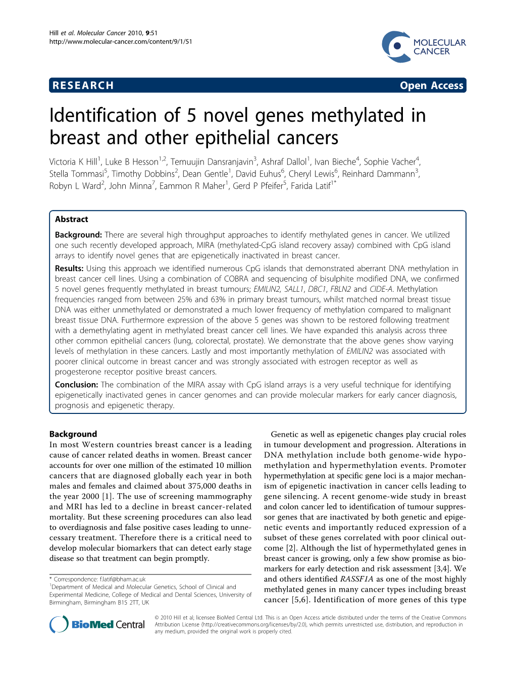 Identification of 5 Novel Genes Methylated in Breast and Other Epithelial Cancers