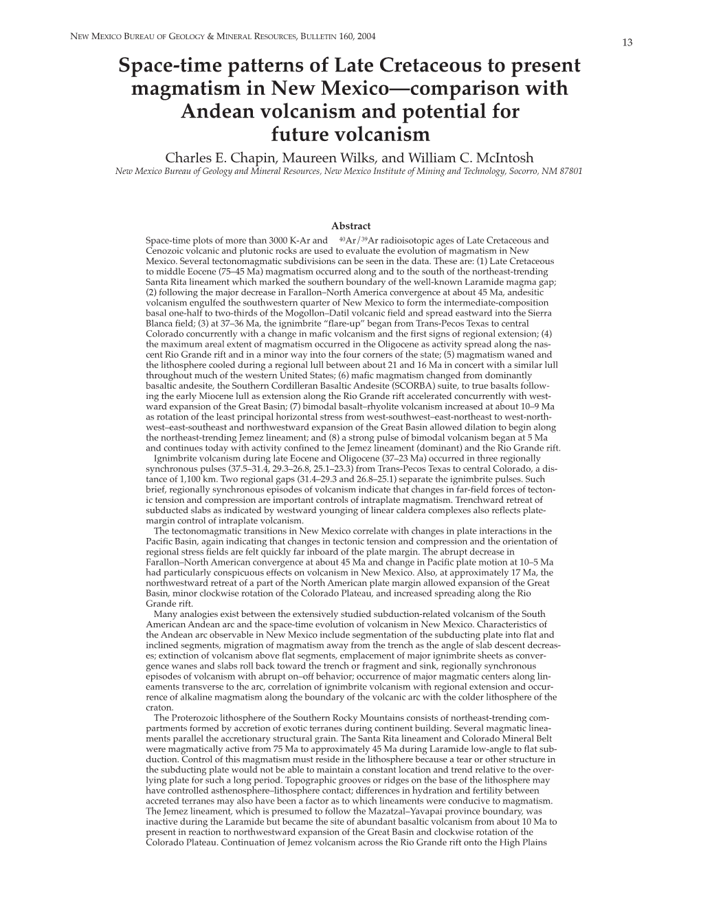 Space-Time Patterns of Late Cretaceous to Present Magmatism in New Mexico--Comparison with Andean Volcanism and Potential for Fu