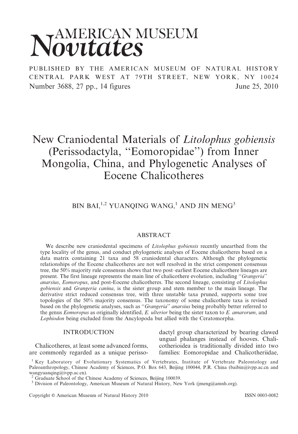 New Craniodental Materials of Litolophus Gobiensis (Perissodactyla, ‘‘Eomoropidae’’) from Inner Mongolia, China, and Phylogenetic Analyses of Eocene Chalicotheres