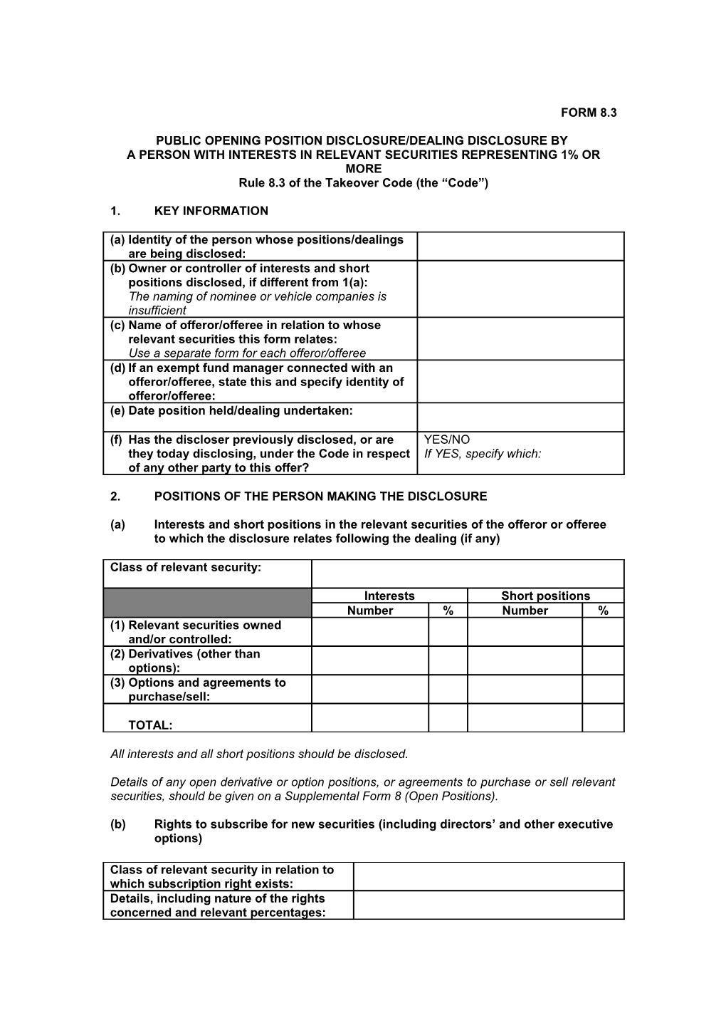 Public Opening Position Disclosure/Dealing Disclosure By