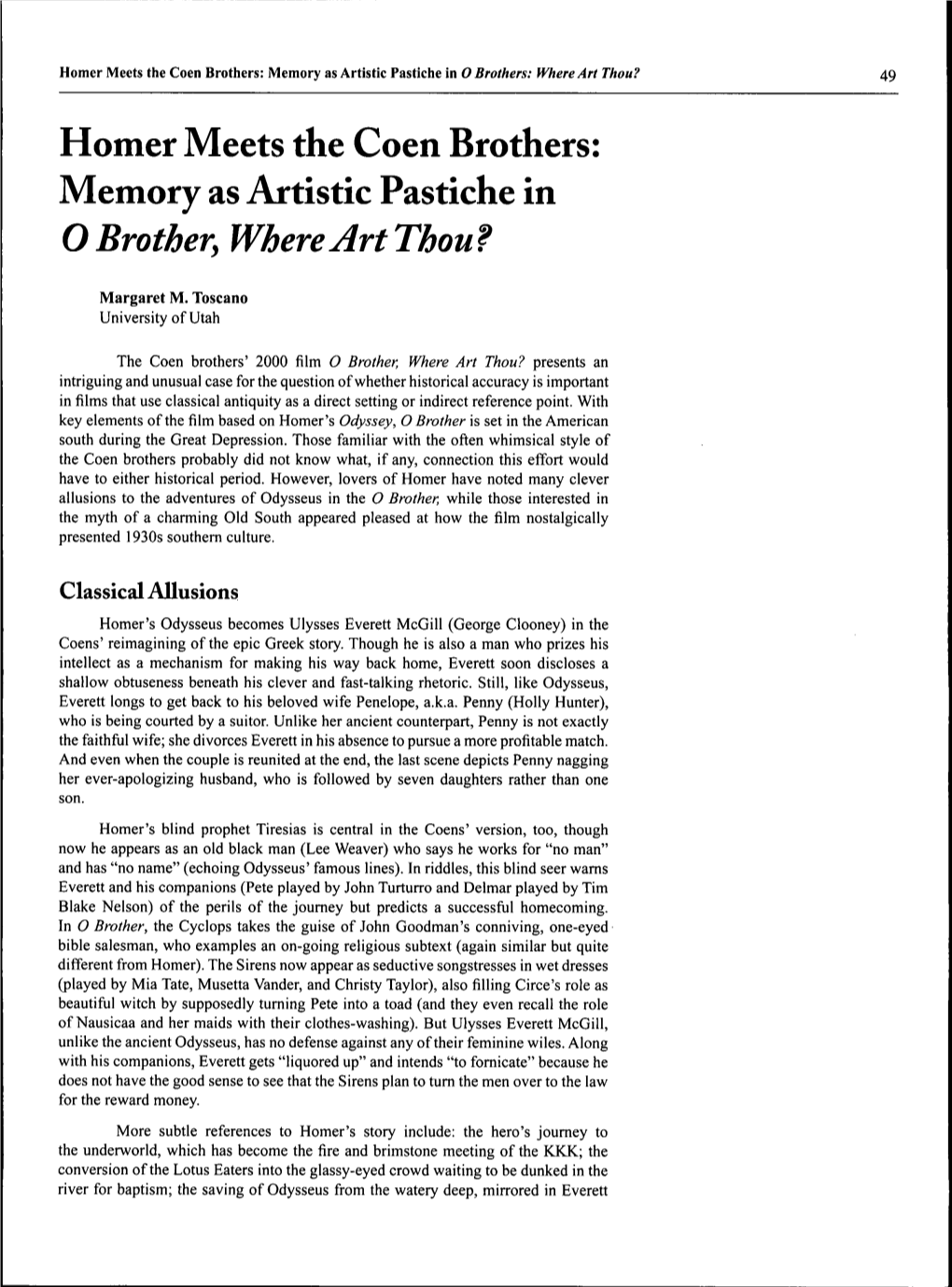 Homer Meets the Coen Brothers: Memory As Artistic Pastiche in O Brothers: Where Art Thou? 49