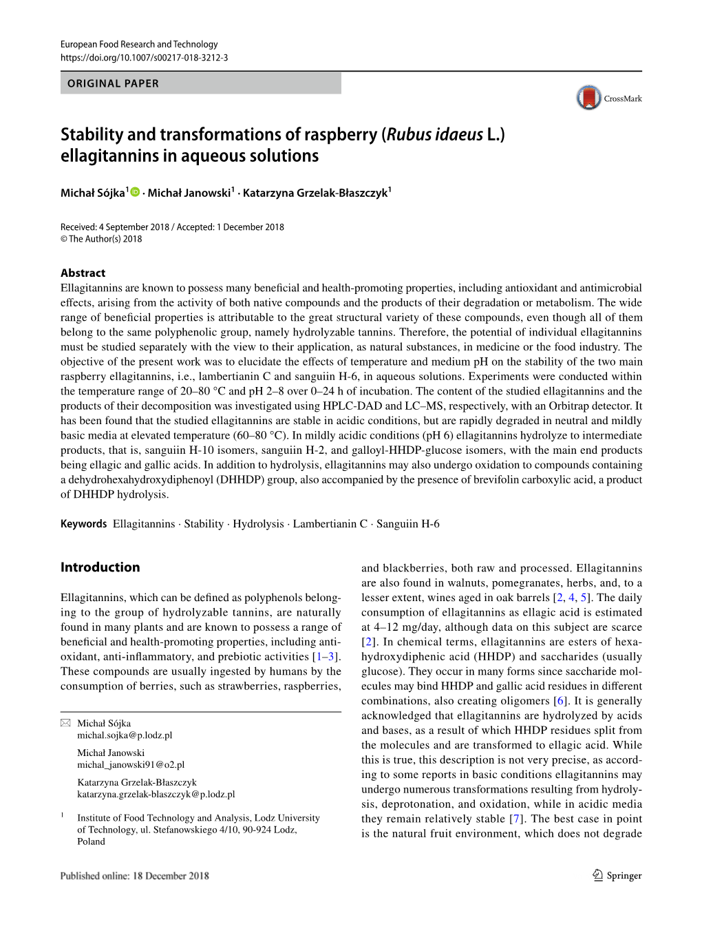 (Rubus Idaeus L.) Ellagitannins in Aqueous Solutions