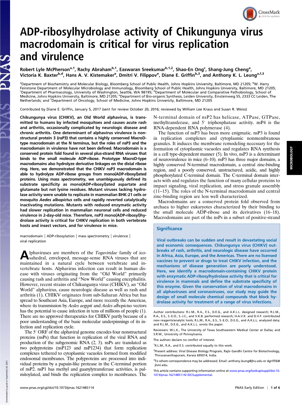 ADP-Ribosylhydrolase Activity of Chikungunya Virus Macrodomain Is Critical for Virus Replication and Virulence