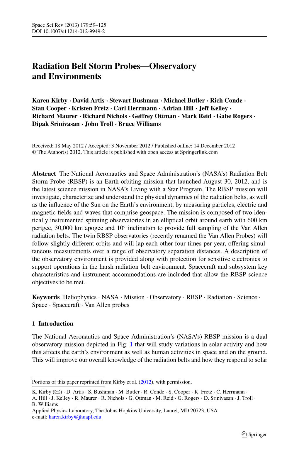 Radiation Belt Storm Probes—Observatory and Environments