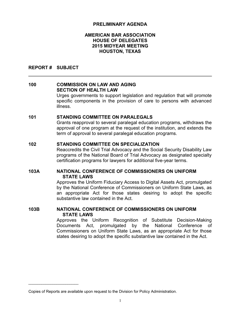 2014 Midyear Meeting Preliminary Agenda