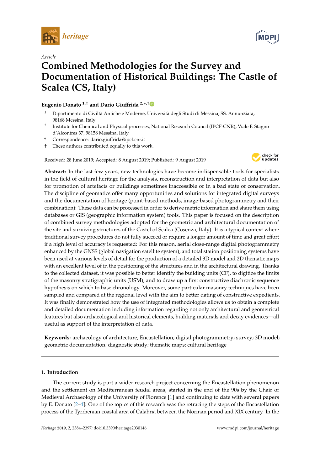 Combined Methodologies for the Survey and Documentation of Historical Buildings: the Castle of Scalea (CS, Italy)