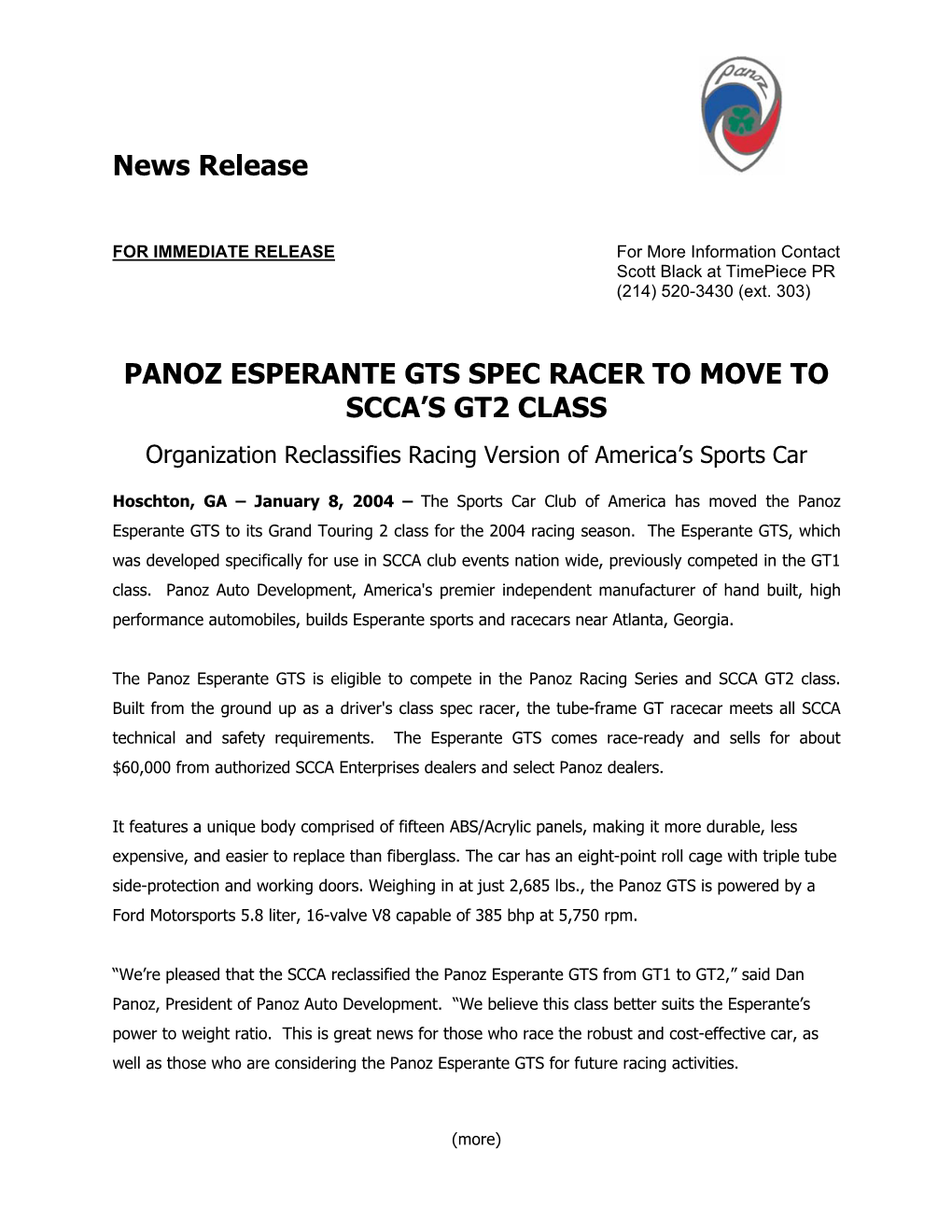 News Release PANOZ ESPERANTE GTS SPEC RACER to MOVE TO