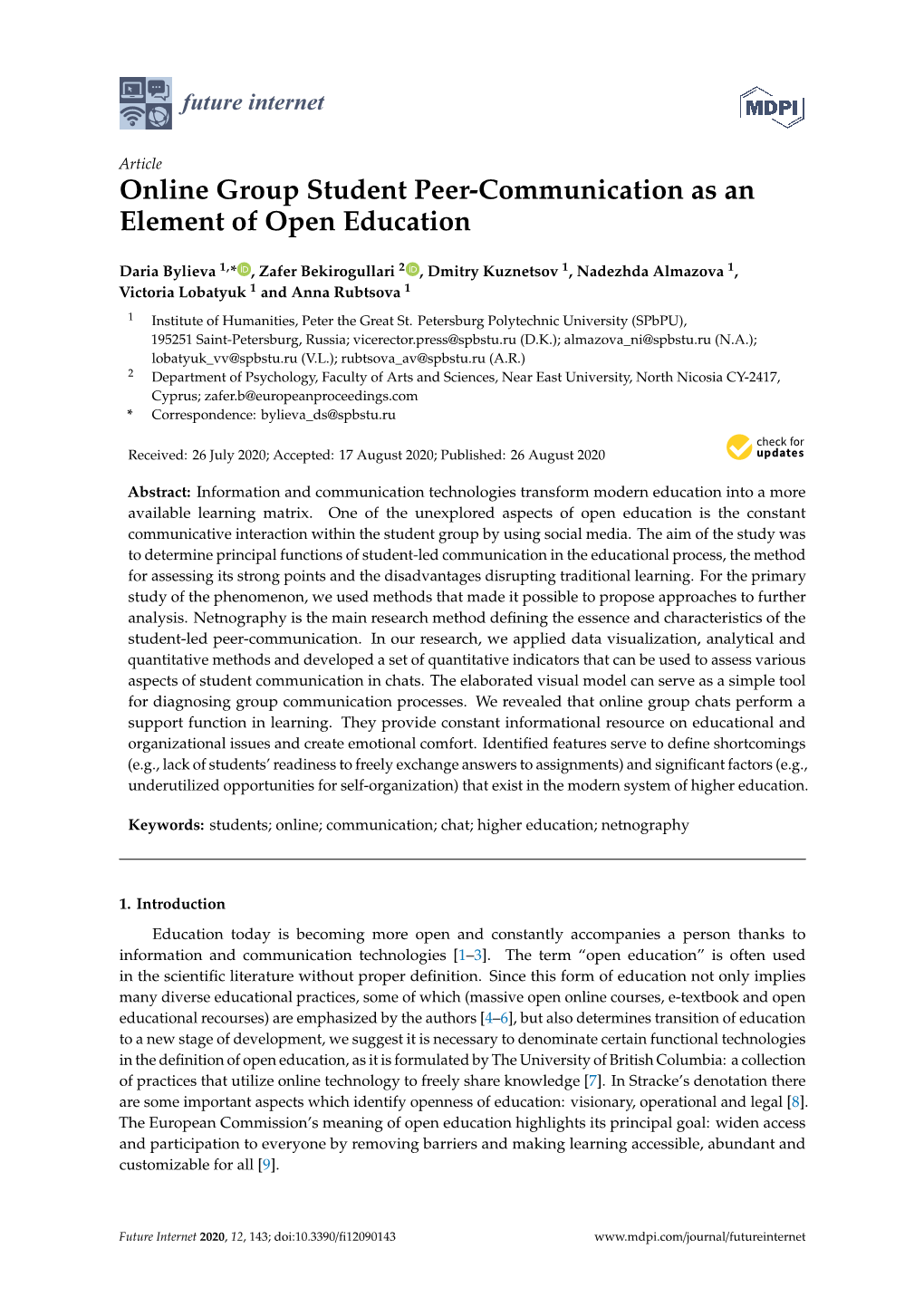 Online Group Student Peer-Communication As an Element of Open Education