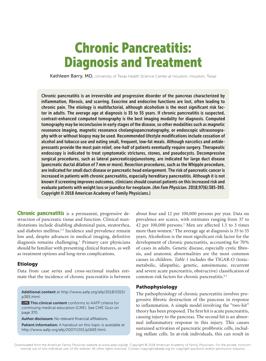 Chronic Pancreatitis: Diagnosis and Treatment