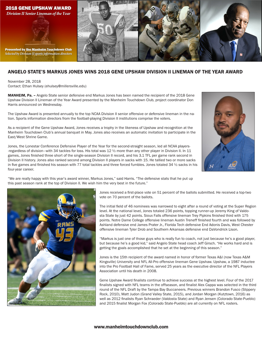 Angelo State's Markus Jones Wins 2018 Gene Upshaw