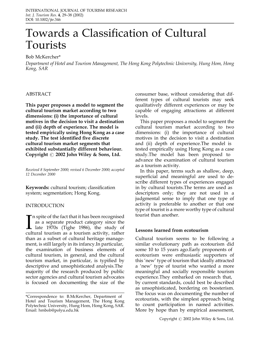 Towards a Classification of Cultural Tourists