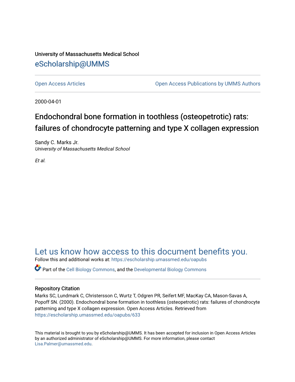 Endochondral Bone Formation in Toothless (Osteopetrotic) Rats: Failures of Chondrocyte Patterning and Type X Collagen Expression