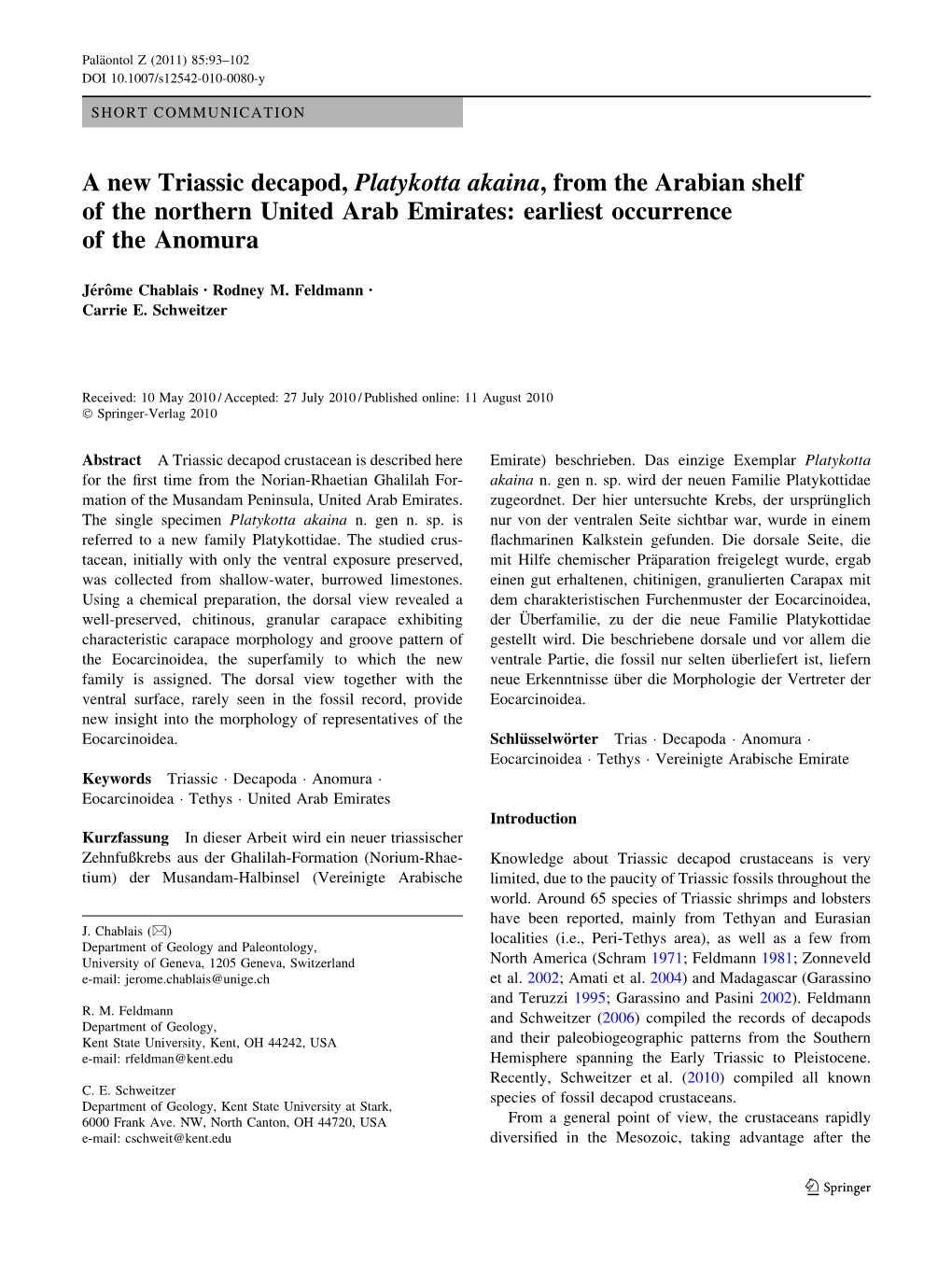 A New Triassic Decapod, Platykotta Akaina, from the Arabian Shelf of the Northern United Arab Emirates: Earliest Occurrence of the Anomura