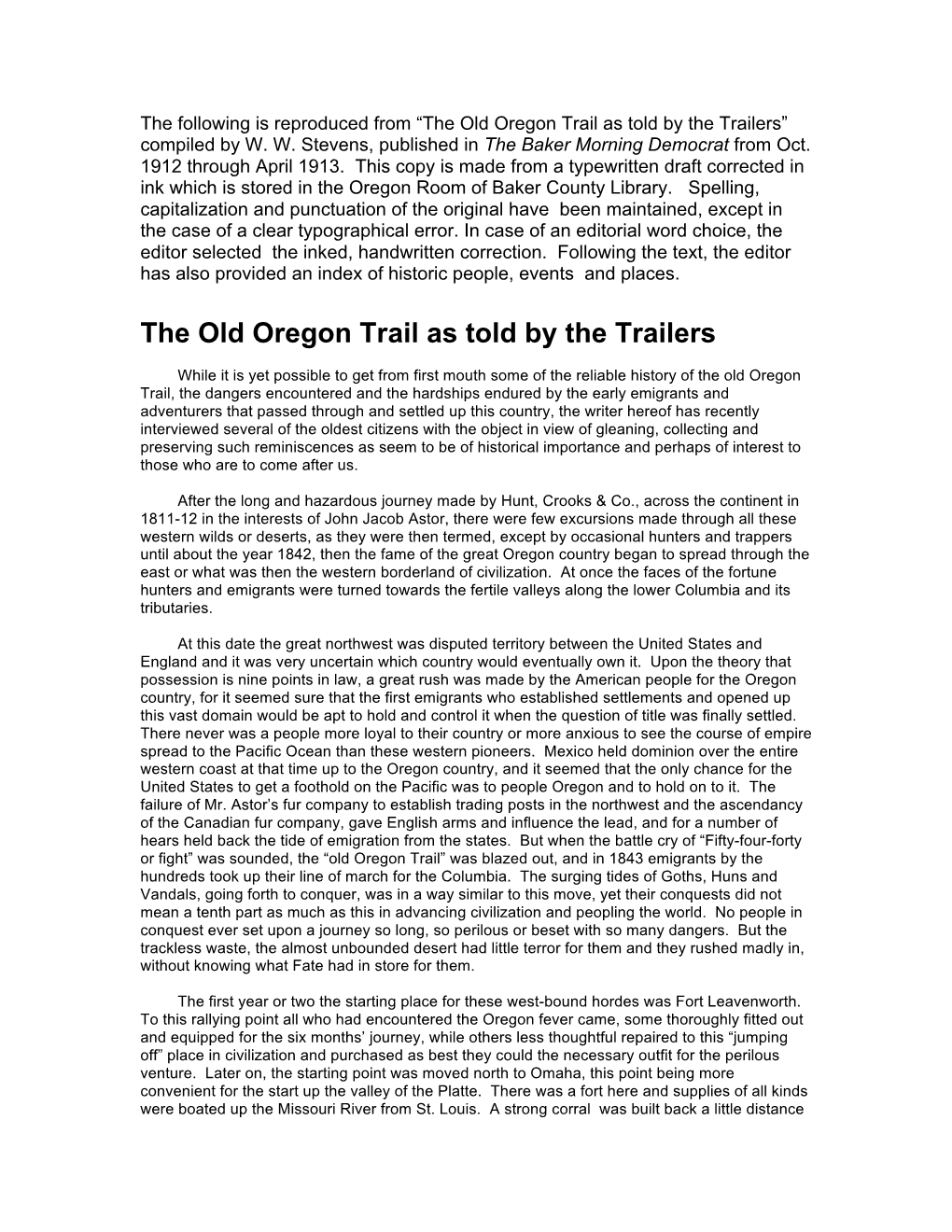 The Old Oregon Trail As Told by the Trailers” Compiled by W