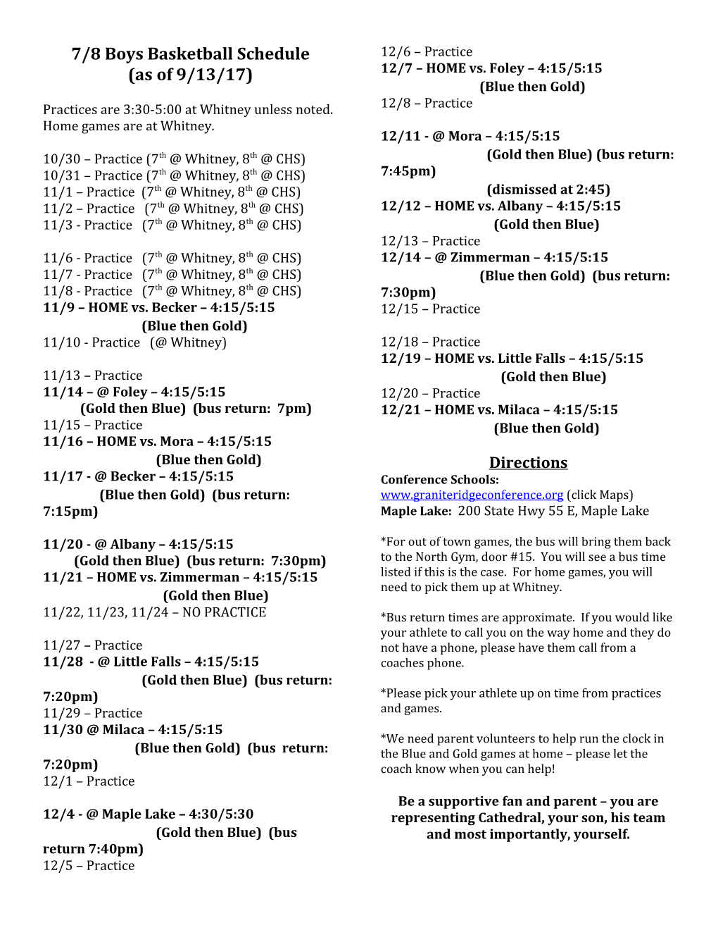 7/8 Boys Basketball Schedule