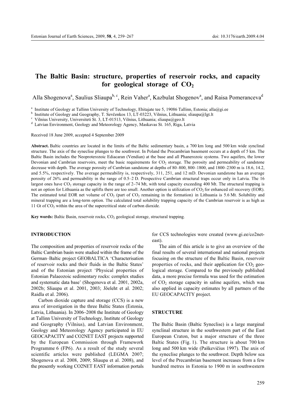 The Baltic Basin: Structure, Properties of Reservoir Rocks, and Capacity for Geological Storage of CO2