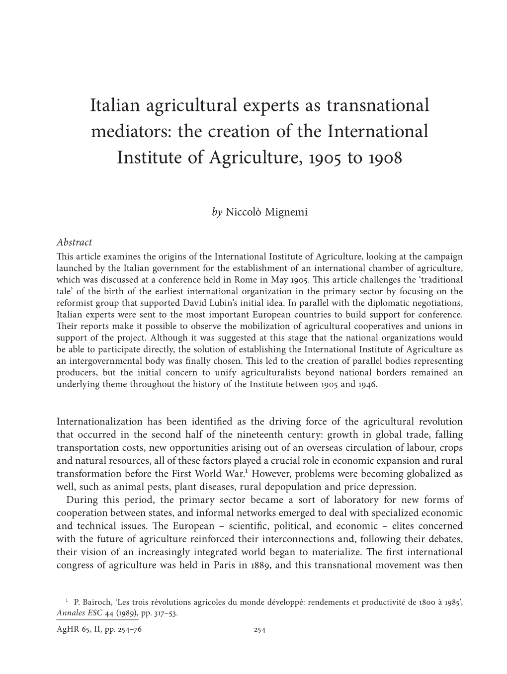 Italian Agricultural Experts As Transnational Mediators: the Creation of the International Institute of Agriculture, 1905 to 1908
