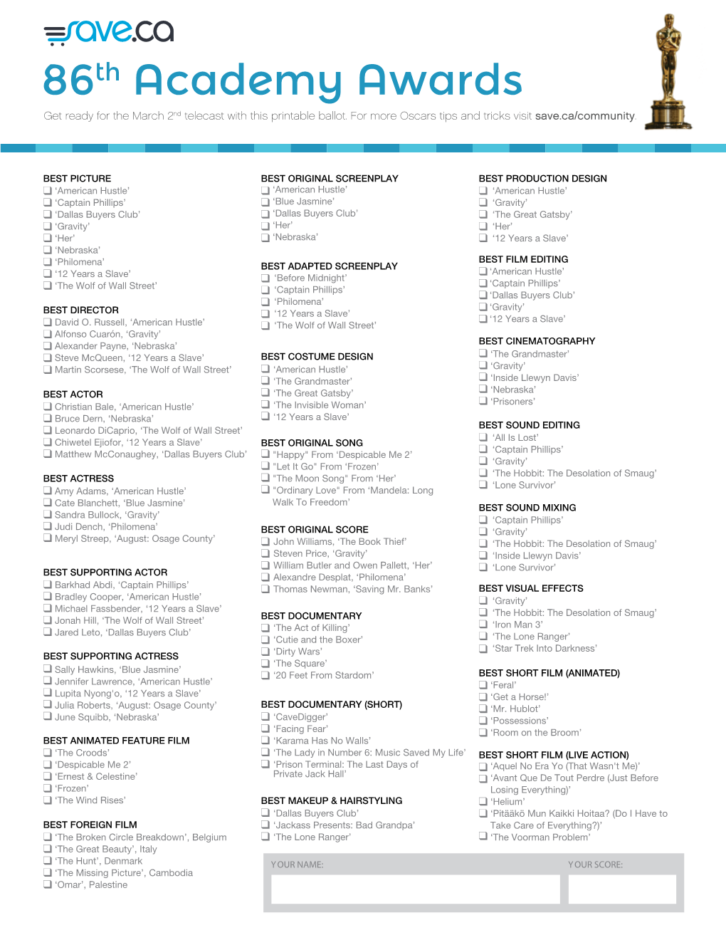 86Th Academy Awards Get Ready for the March 2Nd Telecast with This Printable Ballot