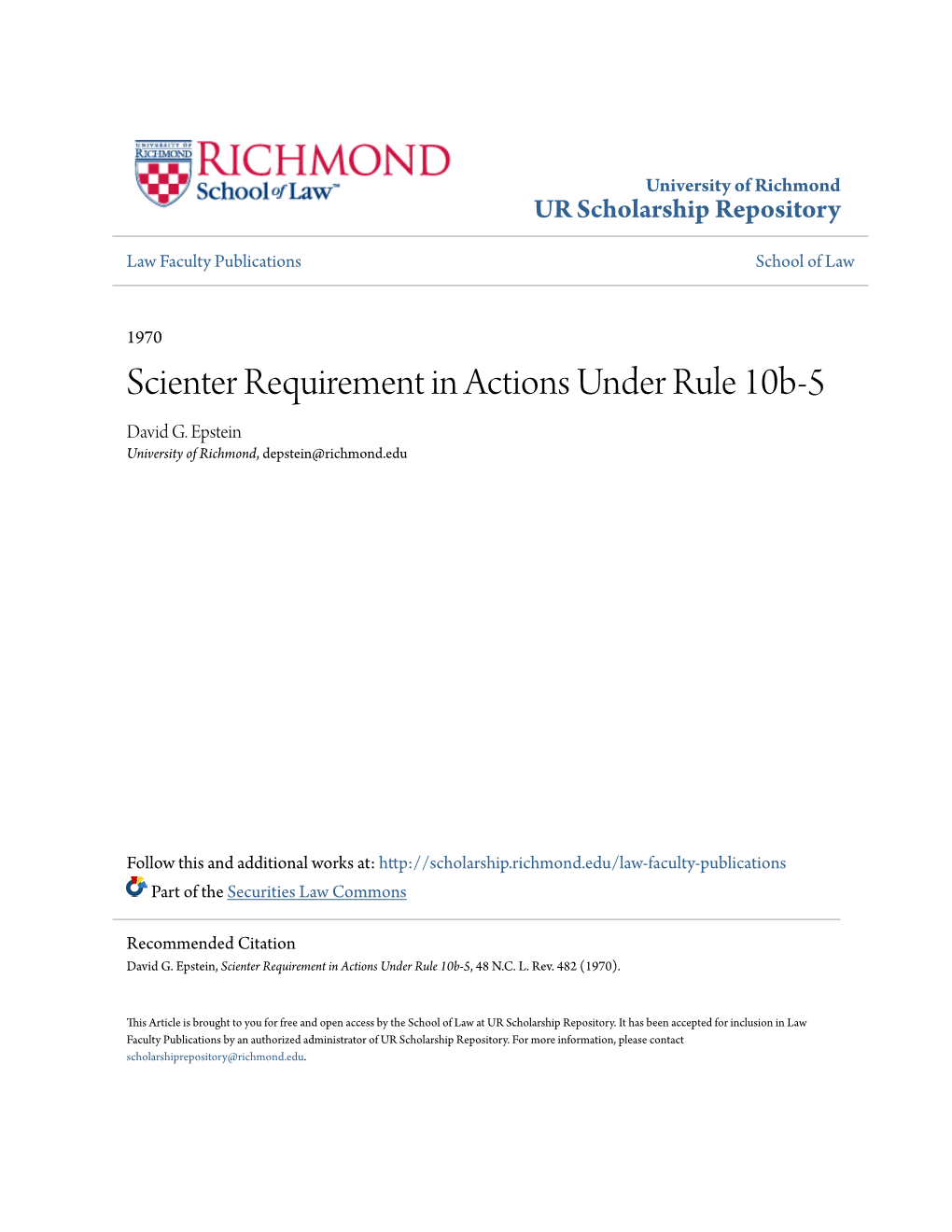 Scienter Requirement in Actions Under Rule 10B-5 David G