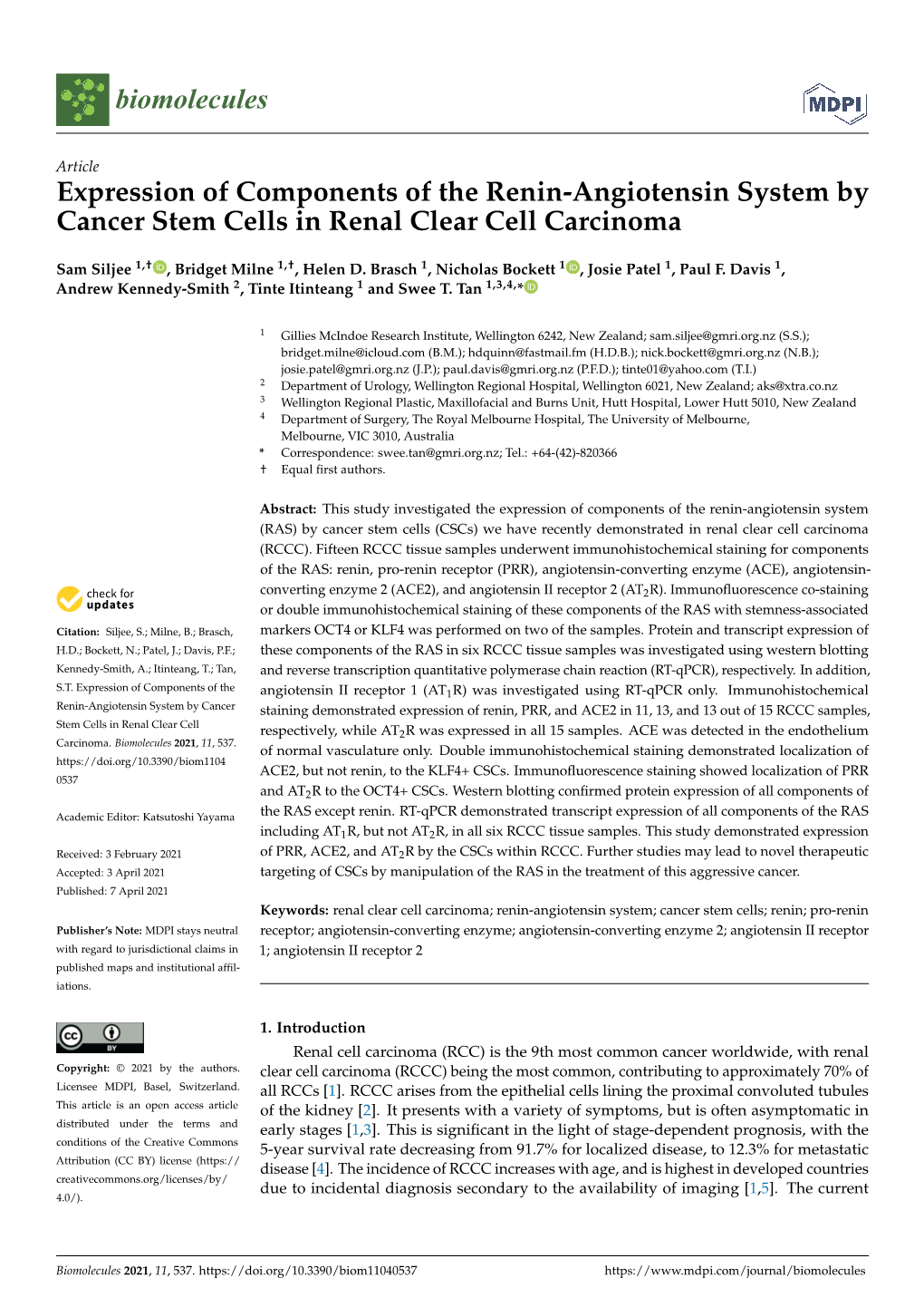 Expression of Components of the Renin-Angiotensin System by Cancer Stem Cells in Renal Clear Cell Carcinoma