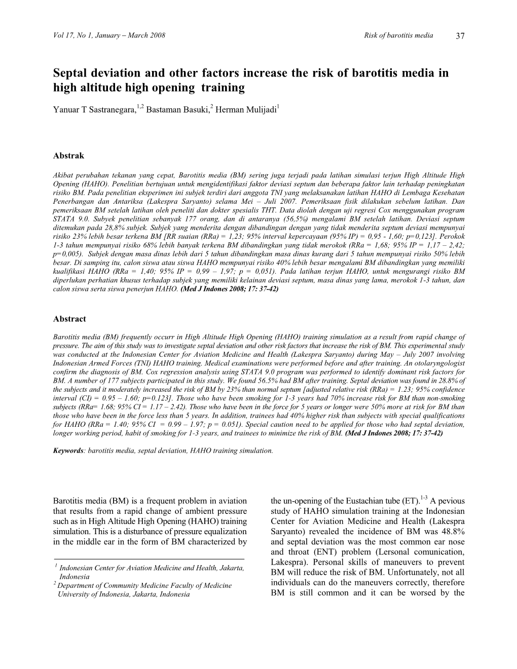 Septal Deviation and Other Factors Increase the Risk of Barotitis Media in High Altitude High Opening Training