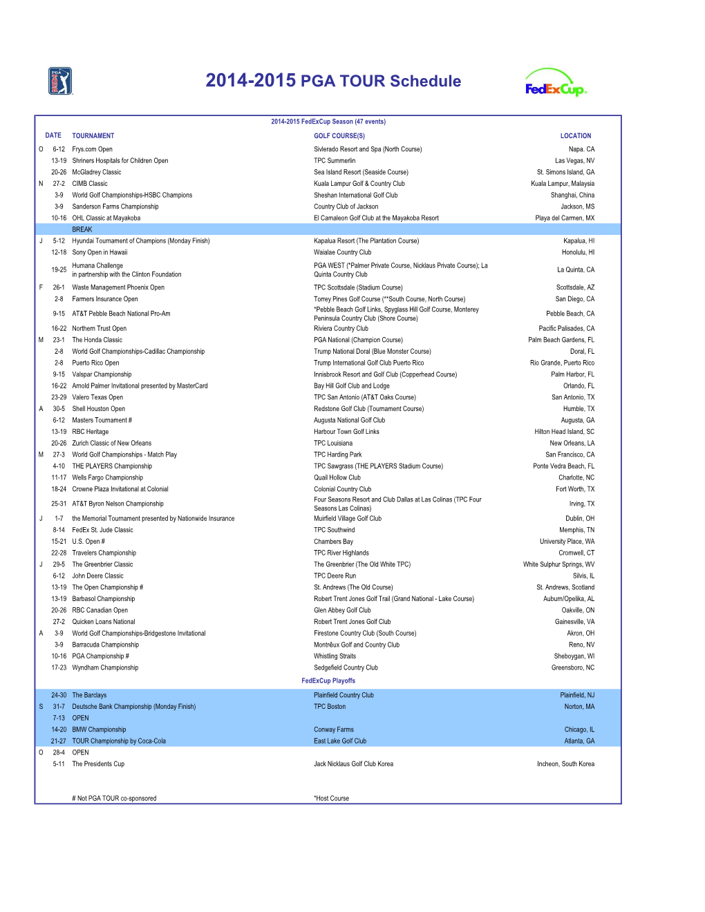 2014-2015 PGA TOUR Schedule