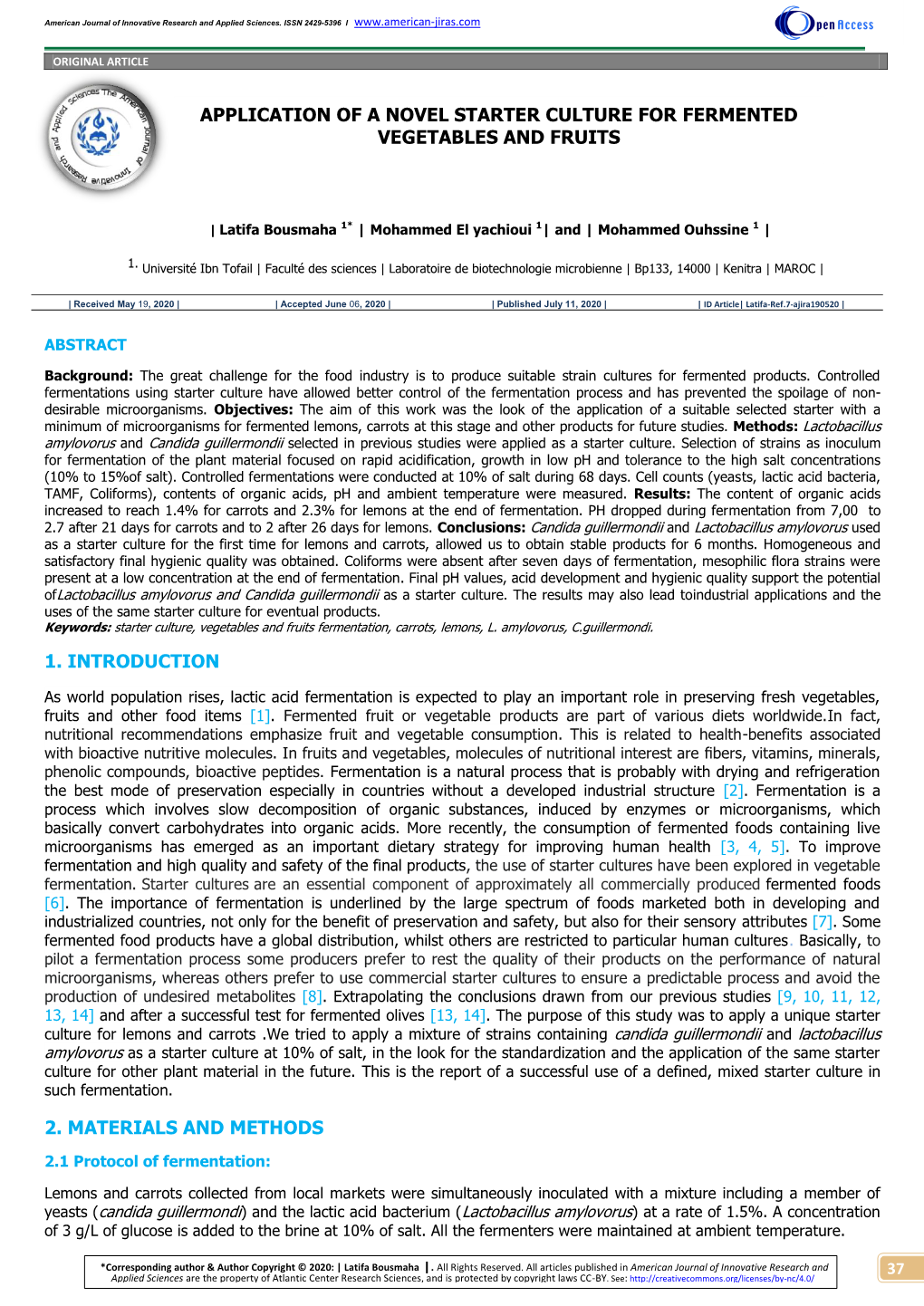 Application of a Novel Starter Culture for Fermented Vegetables and Fruits