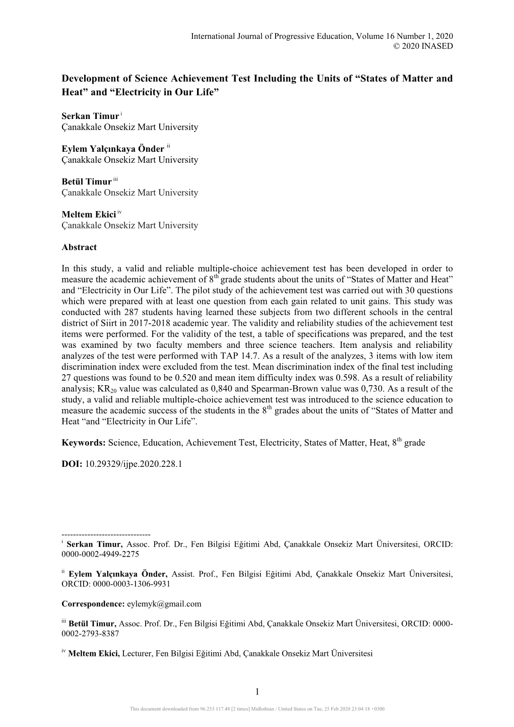 Development of Science Achievement Test Including the Units of “States of Matter and Heat” and “Electricity in Our Life”