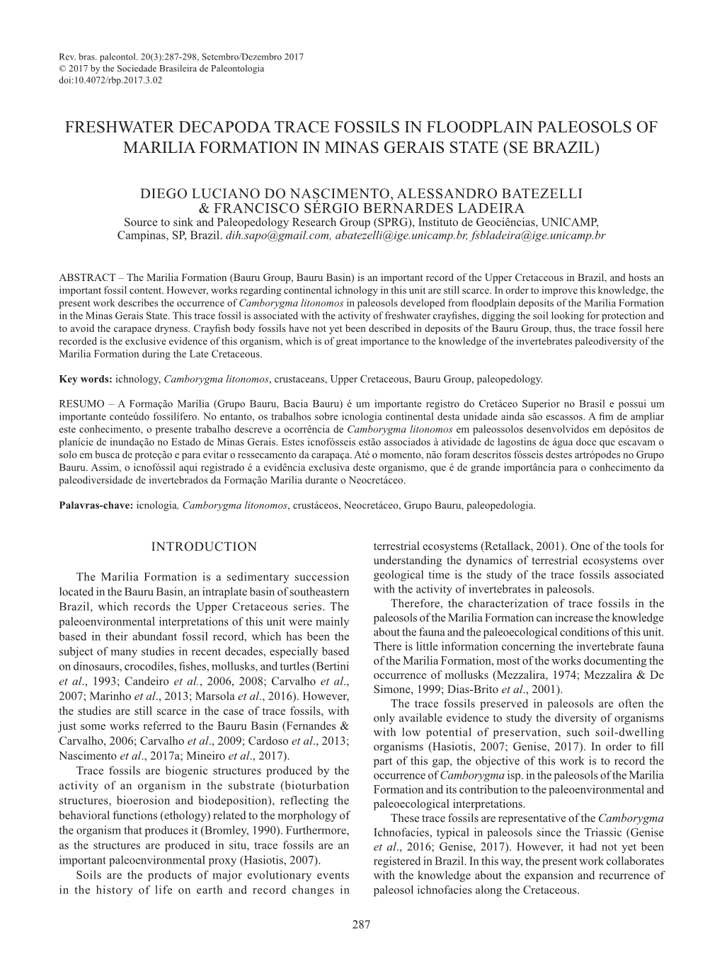 Freshwater Decapoda Trace Fossils in Floodplain Paleosols of Marilia Formation in Minas Gerais State (Se Brazil)