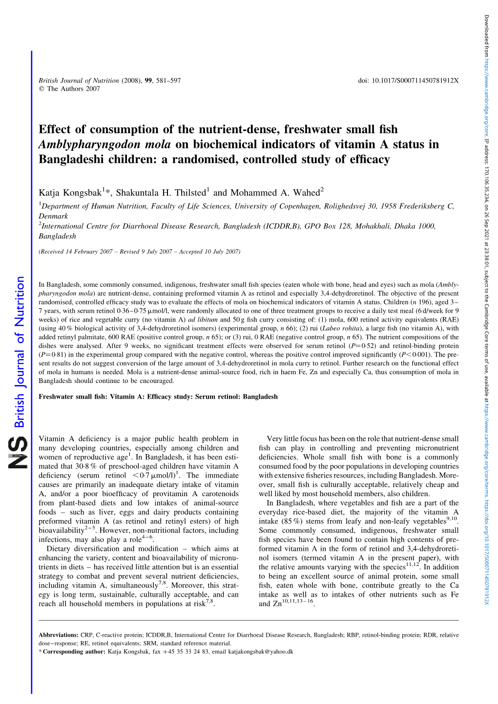 Effect of Consumption of the Nutrient-Dense, Freshwater Small ﬁsh