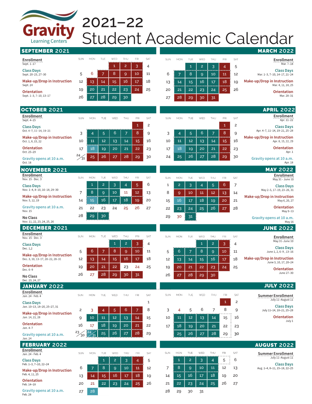 Gravity 2021-22 Student Academic Calendar