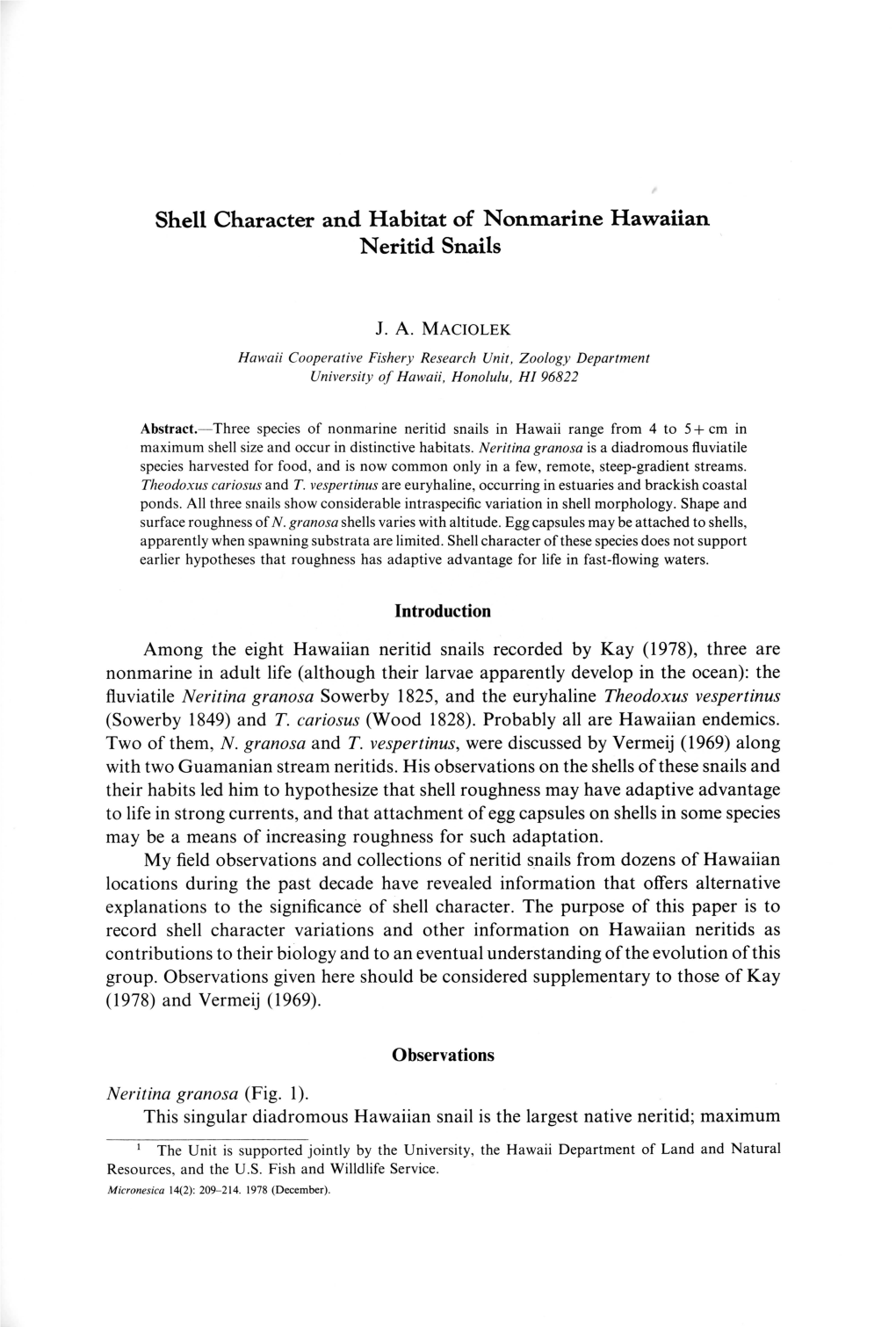 Shell Character and Habitat of Nonmarine Hawaiian Neritid Snails