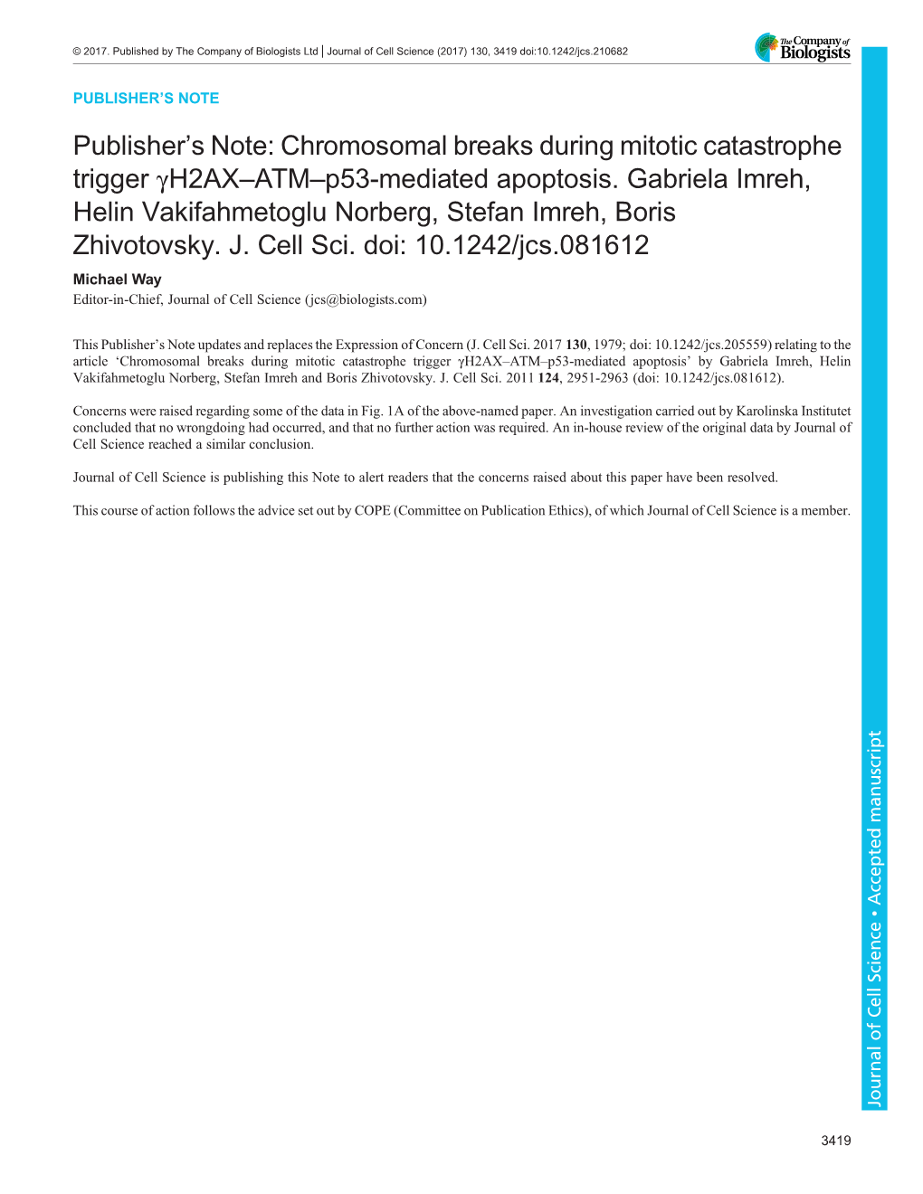 Chromosomal Breaks During Mitotic Catastrophe Trigger Γh2ax–ATM–P53-Mediated Apoptosis