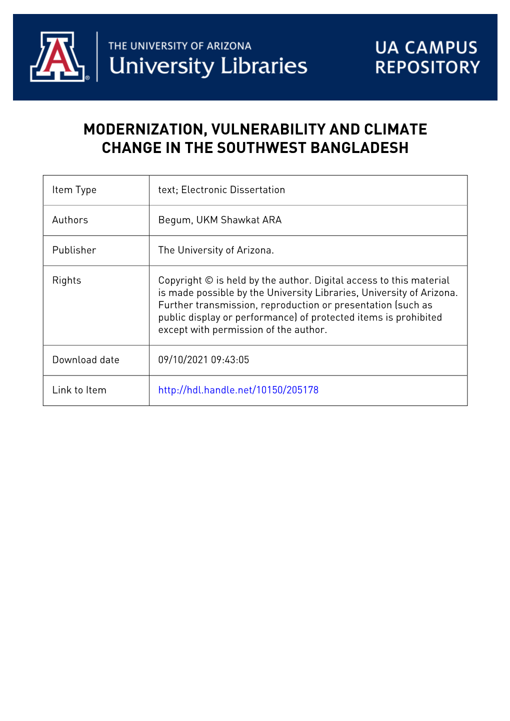 Modernization, Vulnerability and Climate Change in the Southwest Bangladesh