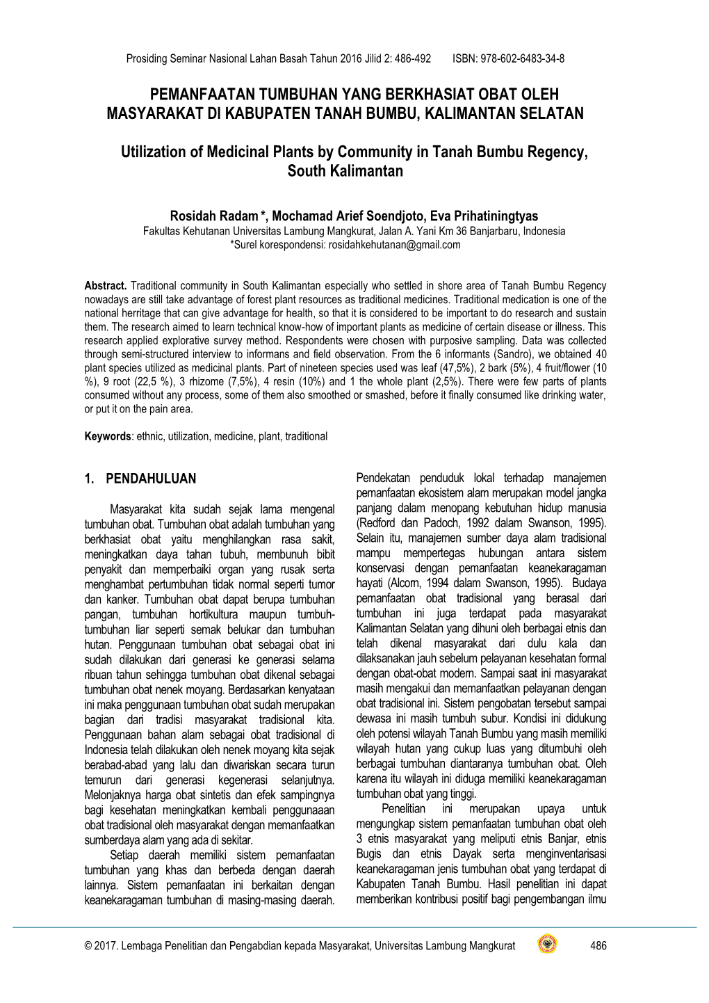 Pemanfaatan Tumbuhan Yang Berkhasiat Obat Oleh Masyarakat Di Kabupaten Tanah Bumbu, Kalimantan Selatan