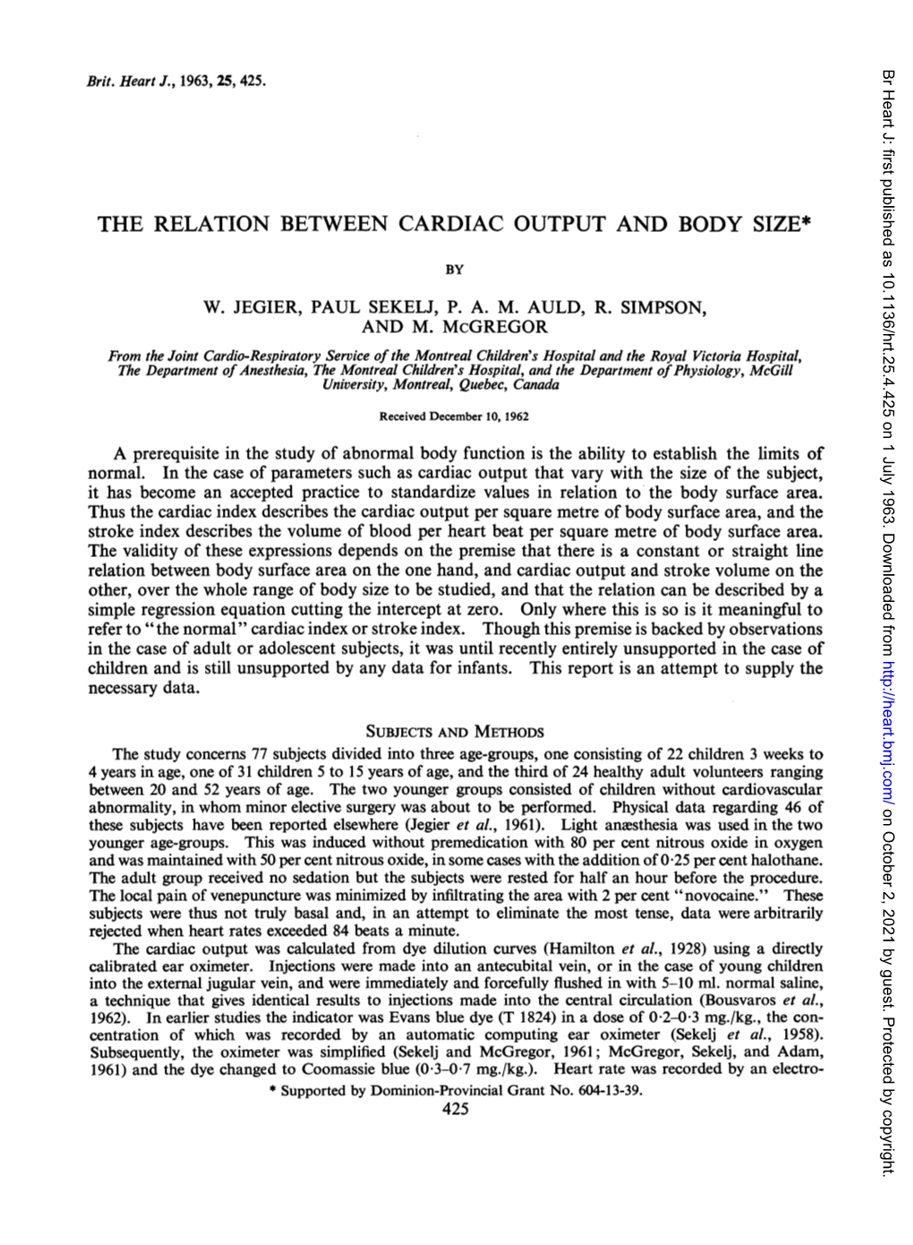 The Relation Between Cardiac Output and Body Size*