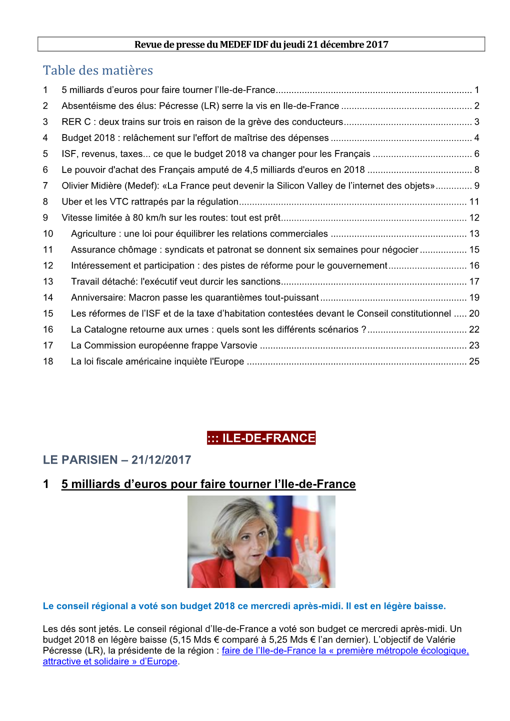 Table Des Matières 1 5 Milliards D’Euros Pour Faire Tourner L’Ile-De-France