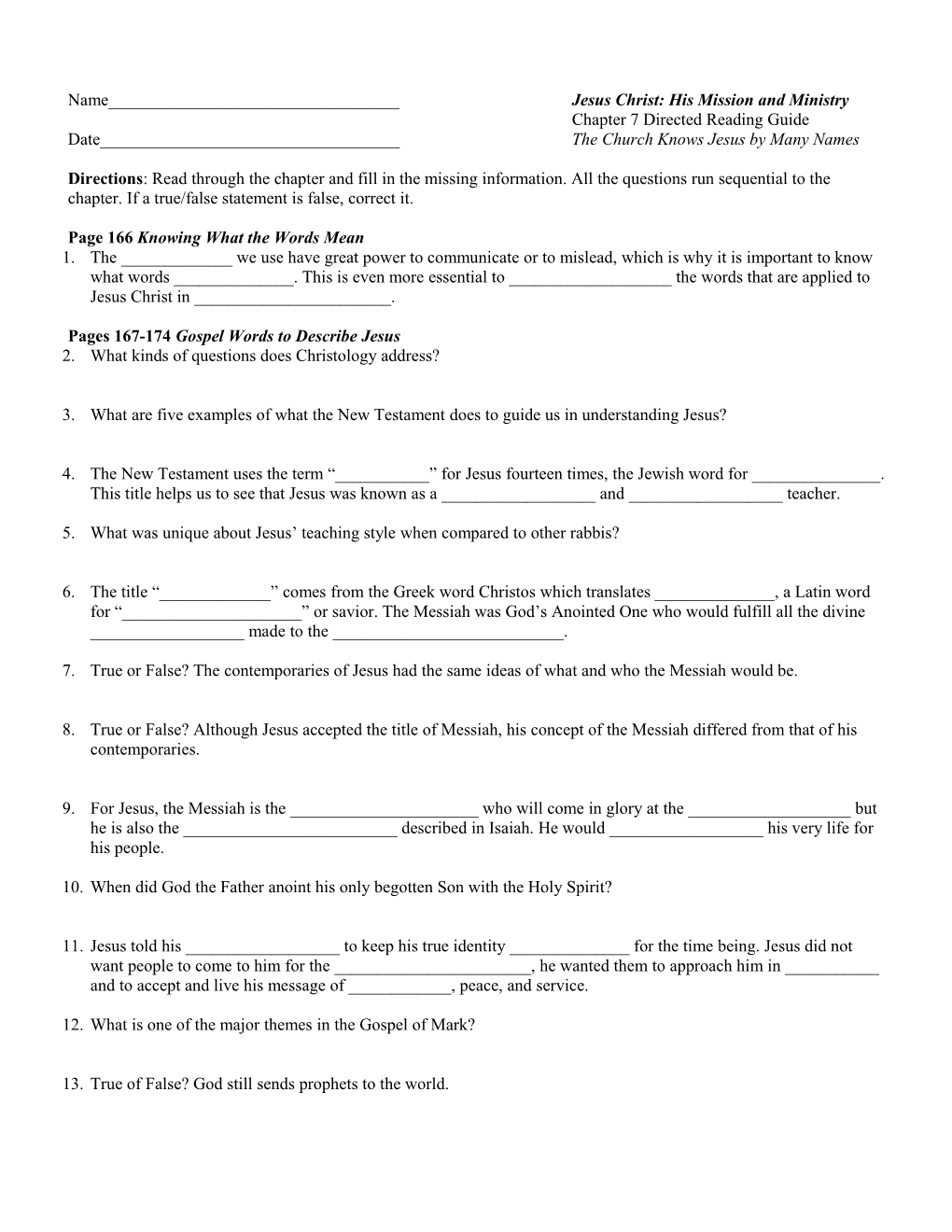 Jesuschristhismissionandministry Directed Reading Worksheet Chapter 7