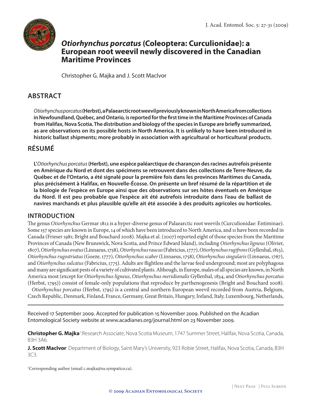 Otiorhynchus Porcatus (Coleoptera: Curculionidae): a European Root Weevil Newly Discovered in the Canadian Maritime Provinces