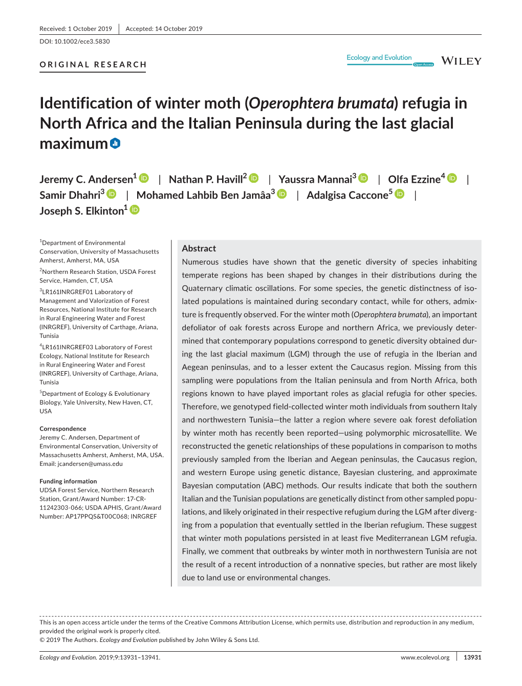 Identification of Winter Moth (Operophtera Brumata) Refugia in North Africa and the Italian Peninsula During the Last Glacial Maximum