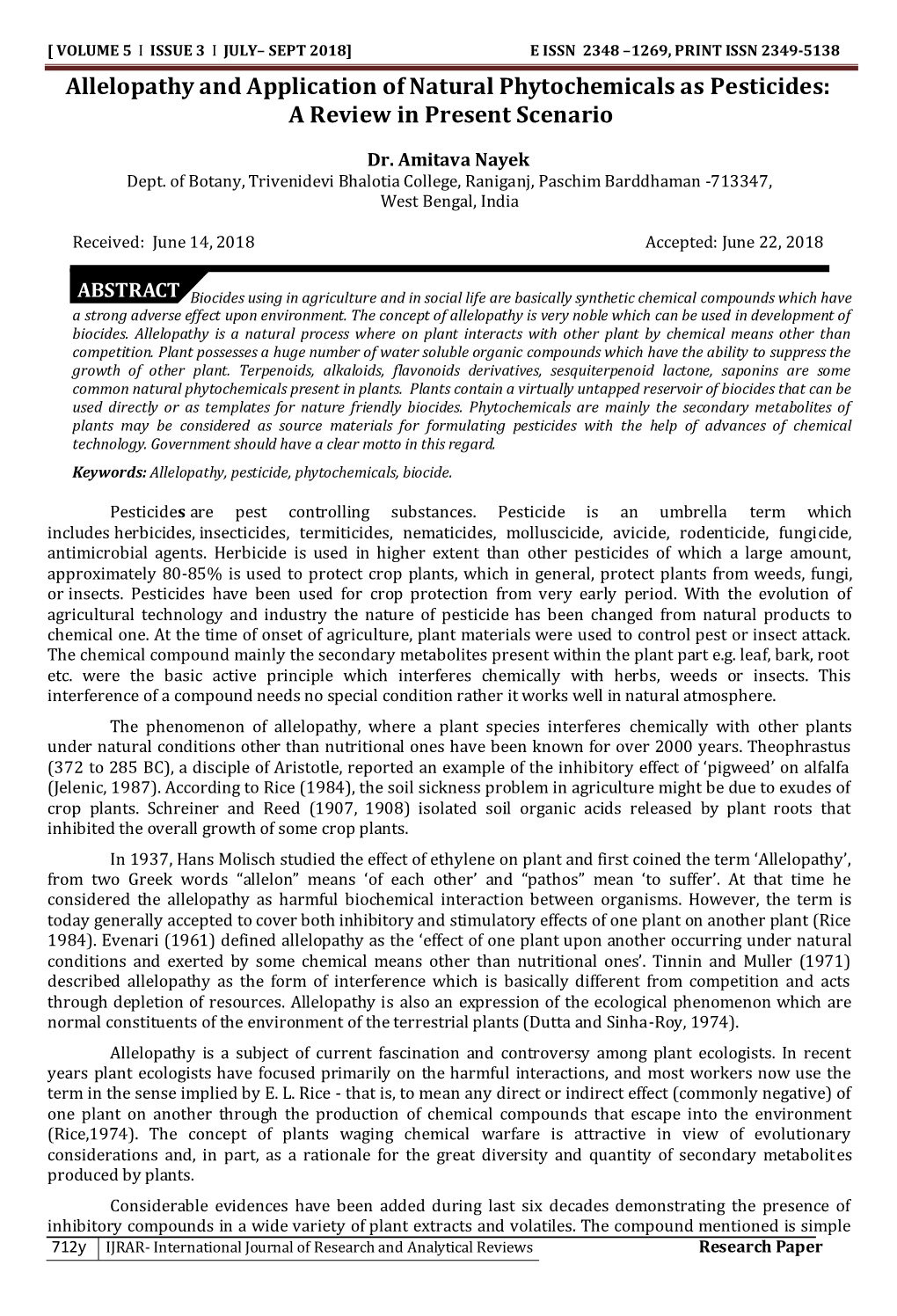 Allelopathy and Application of Natural Phytochemicals As Pesticides: a Review in Present Scenario