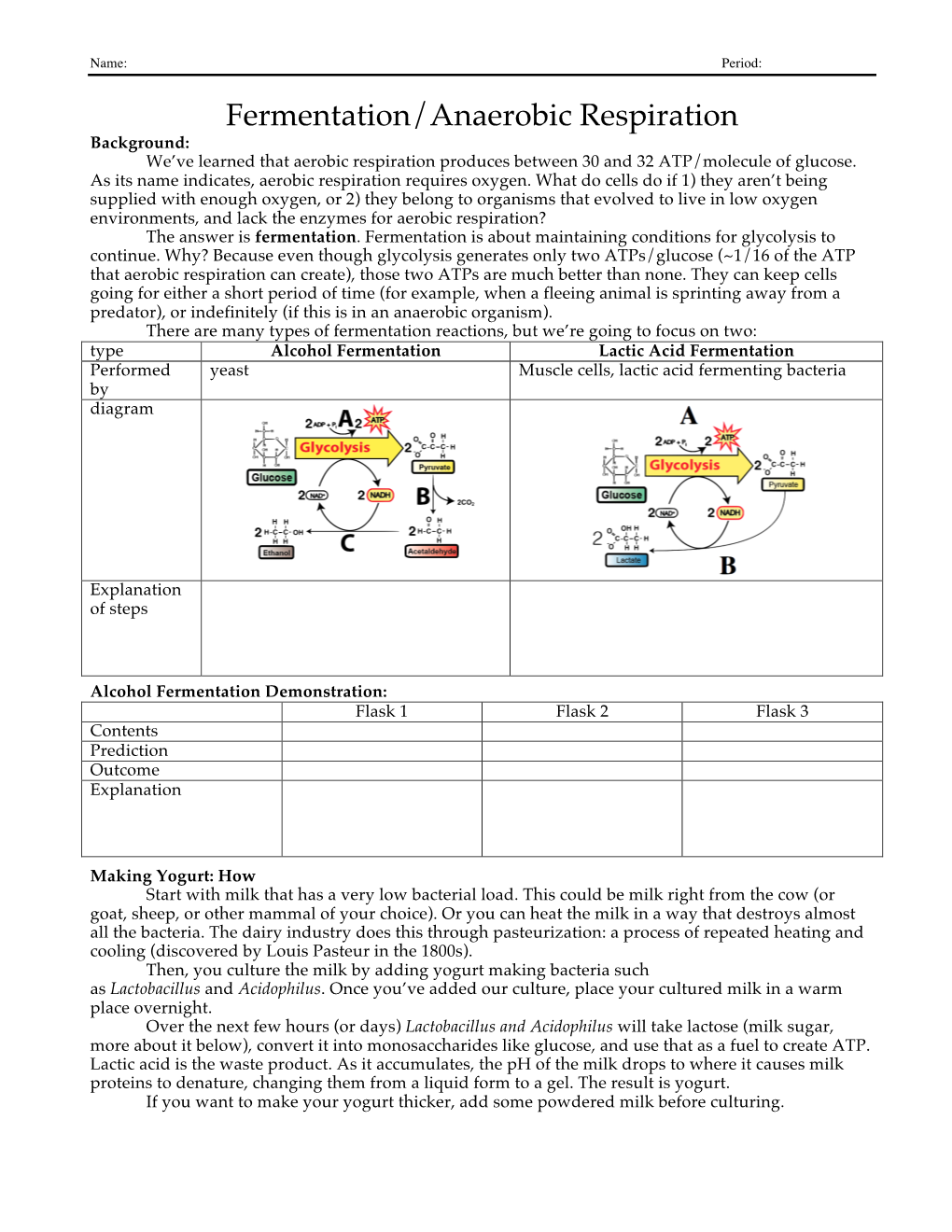 Fermentation/Anaerobic Respiration Background: We’Ve Learned That Aerobic Respiration Produces Between 30 and 32 ATP/Molecule of Glucose