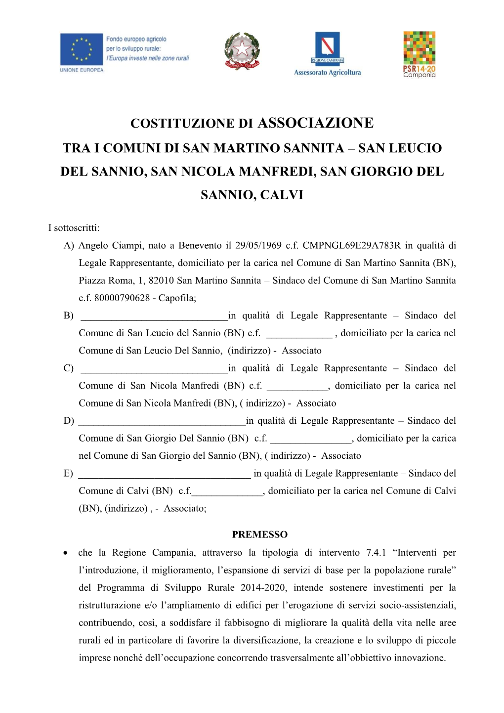 Costituzione Di Associazione Tra I Comuni Di San Martino Sannita – San Leucio Del Sannio, San Nicola Manfredi, San Giorgio Del Sannio, Calvi