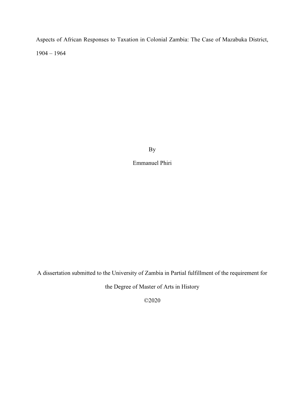 Aspects of African Responses to Taxation in Colonial Zambia: the Case of Mazabuka District