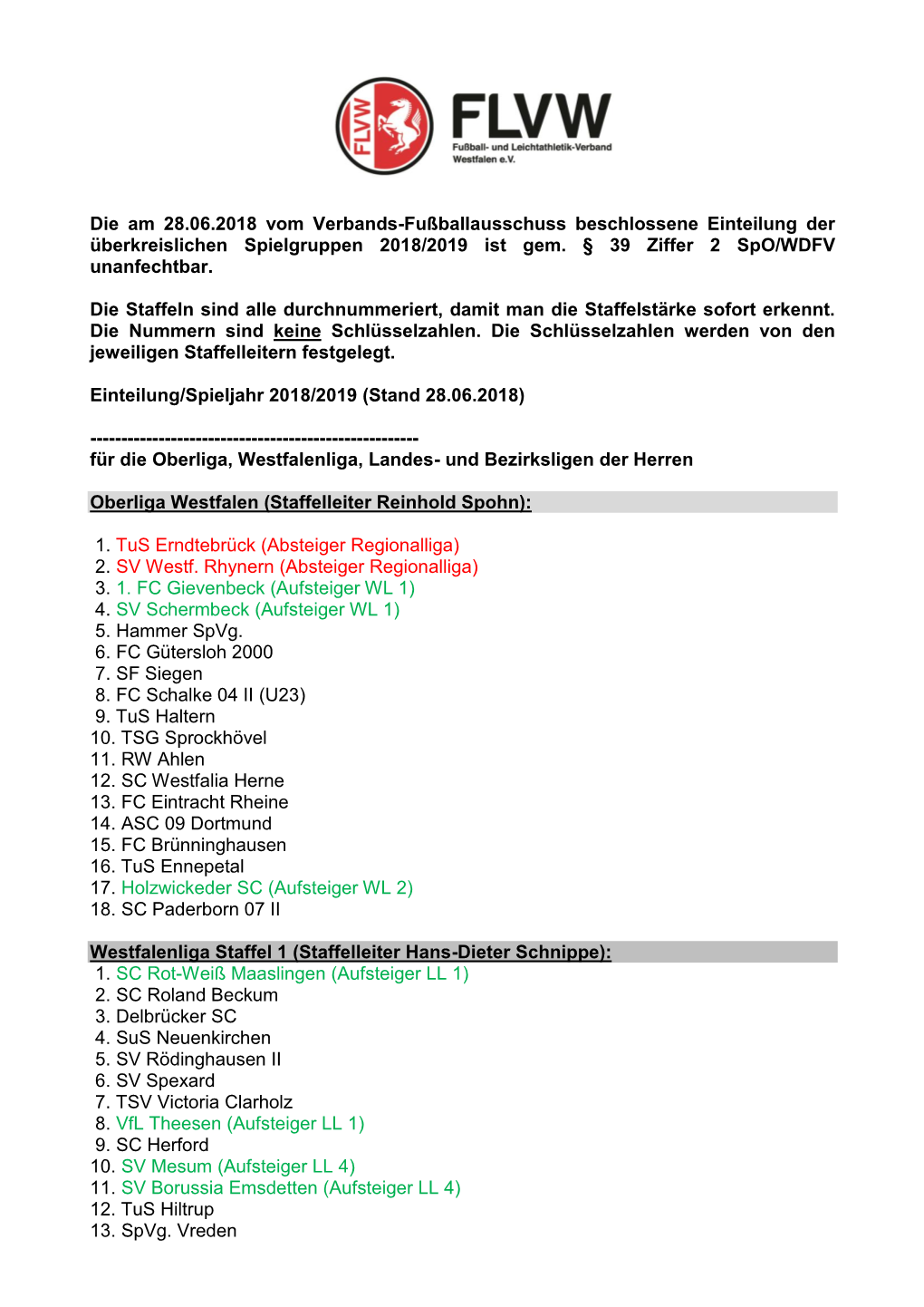 Die Am 28.06.2018 Vom Verbands-Fußballausschuss Beschlossene Einteilung Der Überkreislichen Spielgruppen 2018/2019 Ist Gem