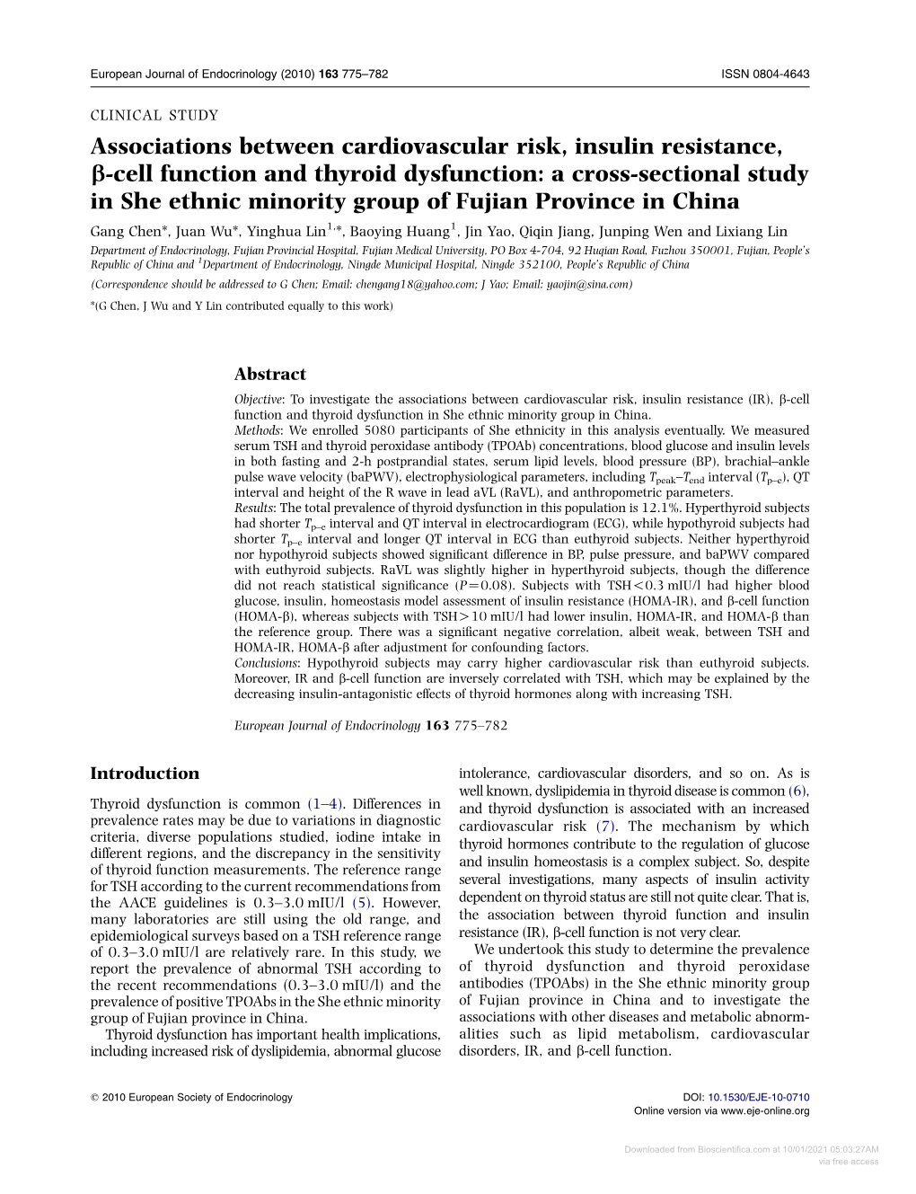 Downloaded from Bioscientifica.Com at 10/01/2021 05:03:27AM Via Free Access 776 G Chen, J Wu, Y Lin and Others EUROPEAN JOURNAL of ENDOCRINOLOGY (2010) 163